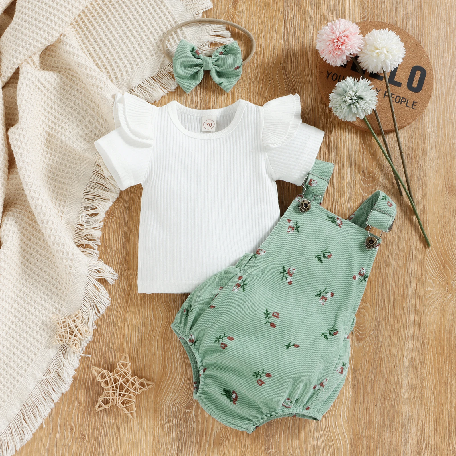 Barboteuse Bébé Fille Été à Volants Floral + Bandeau Nœud Papillon - Body Coton Nouveau-né