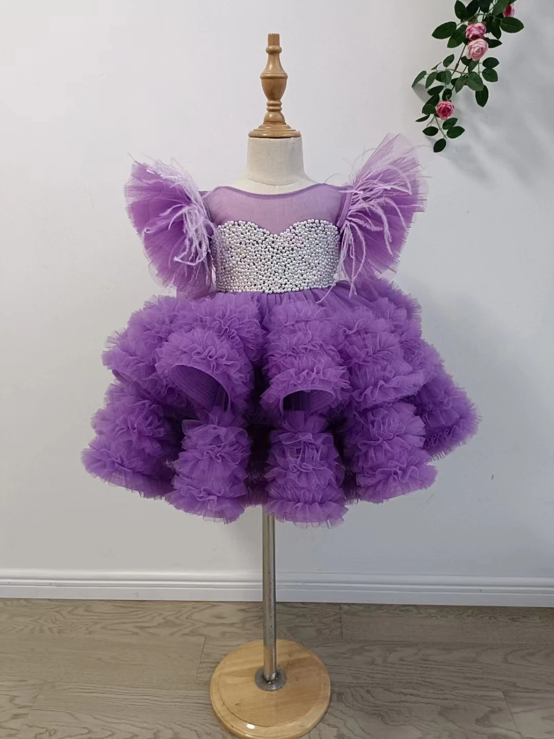 Vestido rosa de flores para niña, vestido de baile de princesa con cuentas de perlas, vestido hinchado para primera comunión, vestidos de desfile para niñas