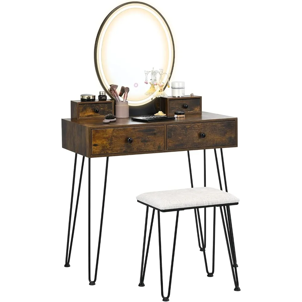 

Makeup table set with 3-color light colored mirrors, a makeup table with chairs and 4 drawers