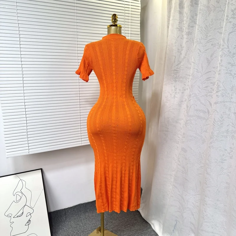 Elegante gebreide slim fit jurk zomerkleding dames korte mouw bodycon lange jurken met enkele rij knopen OL-stijl gebreide jurken