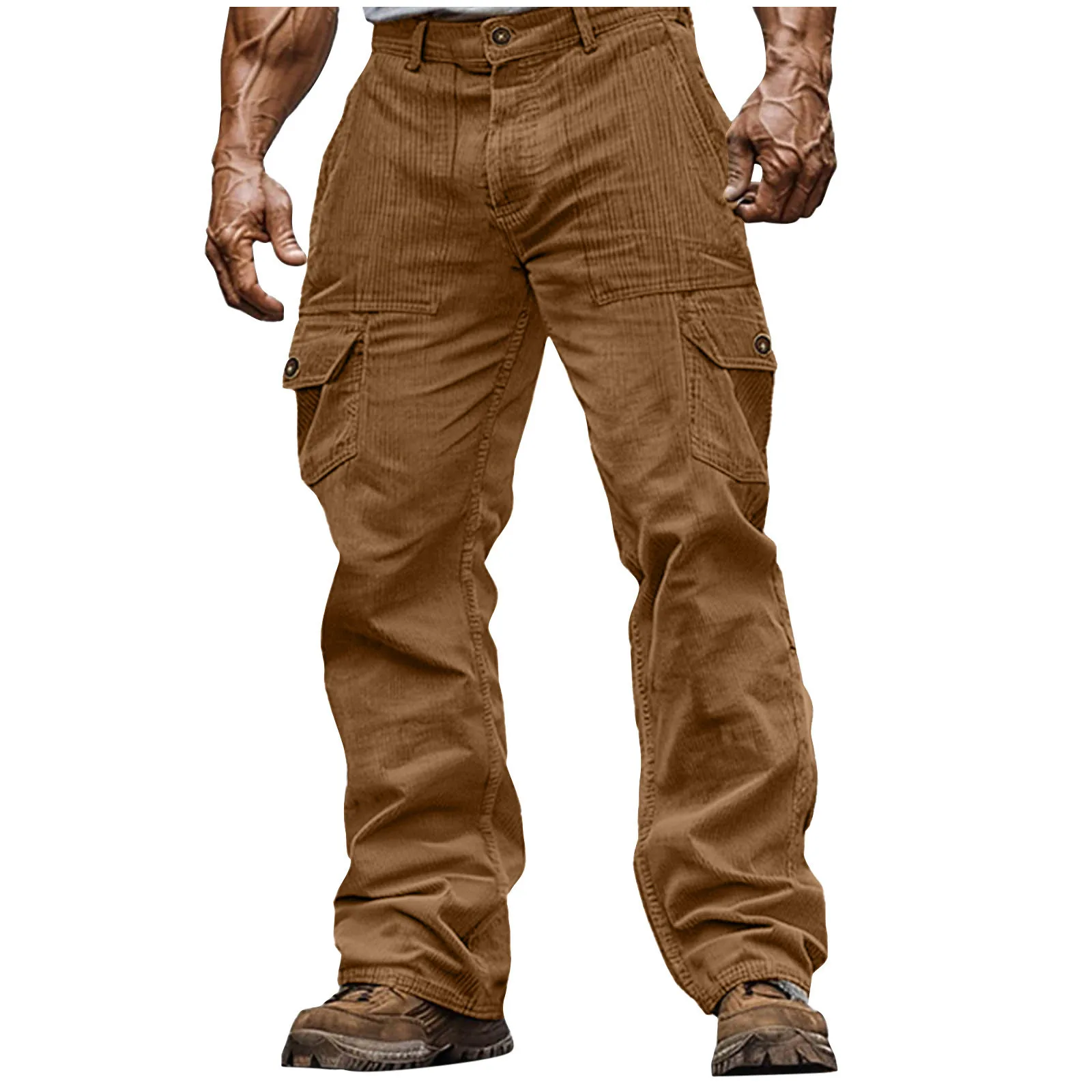 Cargo Pants for Men Retro Style Men's Corduroy Cargo Pants with Multiple Pockets Mid-rise Solid Color Trousers for Wear Long