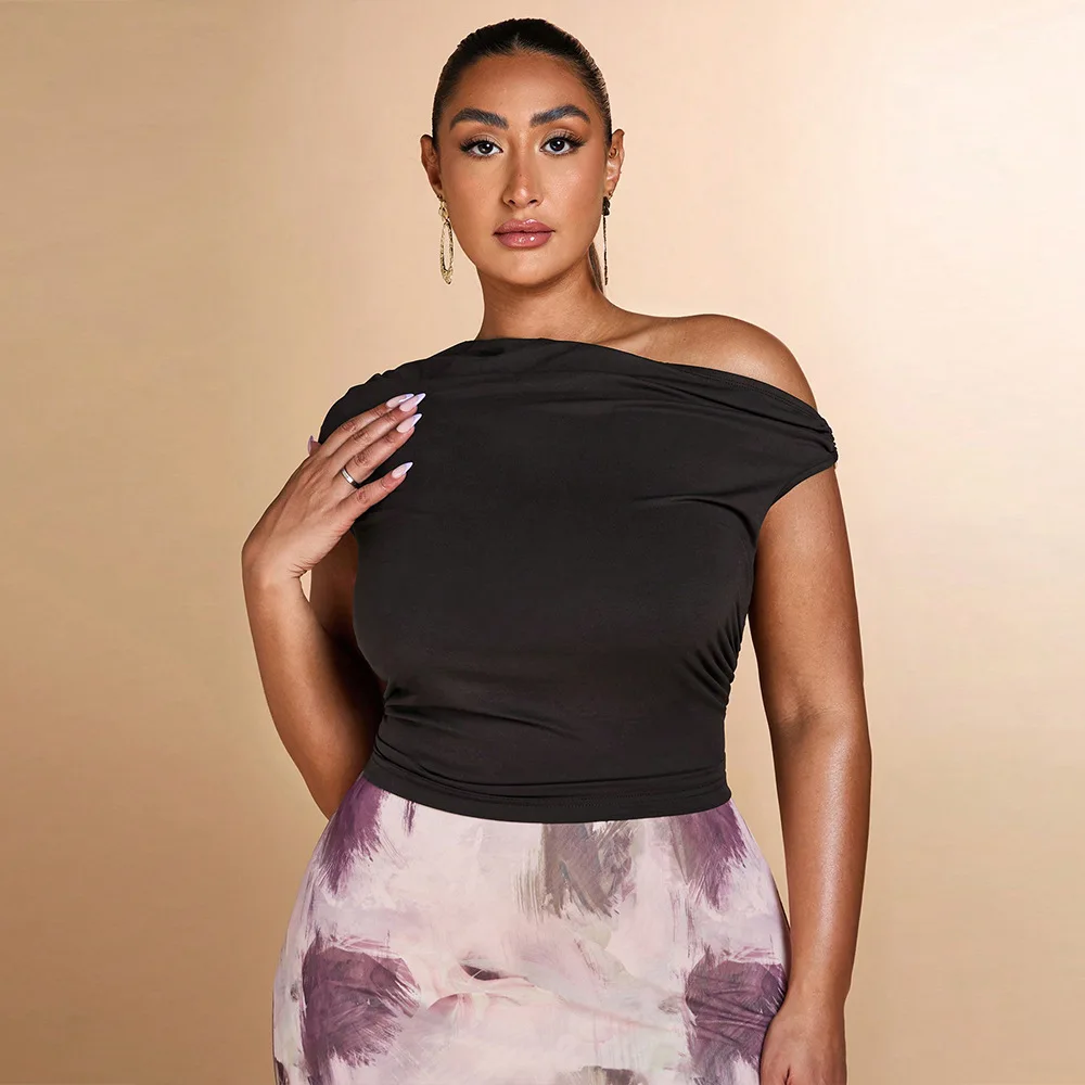 

Plus Size Women's Clothing Pure Desire To Look Thin T-shirt Spring Summer New Off-the-shoulder Design Short Top Women Clothes