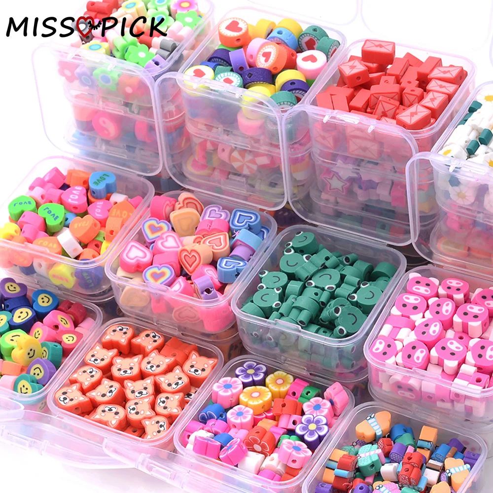 Kits de cuentas de arcilla polimérica de dibujos animados, juego de cuentas espaciadoras sueltas redondas, caja para fabricación de joyas Diy, collar y pulseras, 50 unids/lote por caja