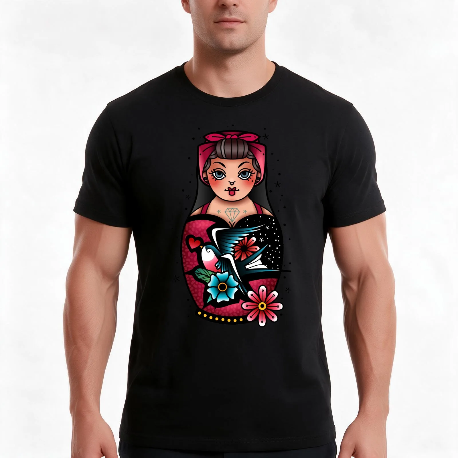 traditional old school tattoo russian doll matryoshka T-Shirt, Summer Casual Cotton Tee, Oversized Streetwear Tops, 100% Cotton