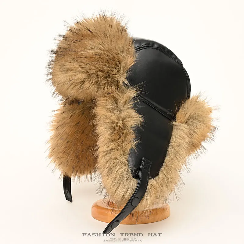

long faux fur winter hats for men thickened plush fleece-lined PU Ushanka Hat with ear flaps Winter Bomber Hat male