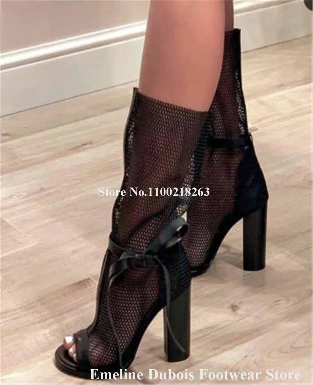 White Black Mesh Chunky Heel Short Boots Emeline Dubois Peep Toe Ankle Lace-up Thick Heel Sexy Ankle Booties Wedding Pumps