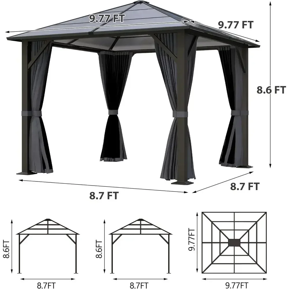 10x10 Hardtop Gazebo with Poly Roof and Steel Frame, Outdoor Pavilion with Gray Curtains and Netting for Backyard, Lawn, Garden,