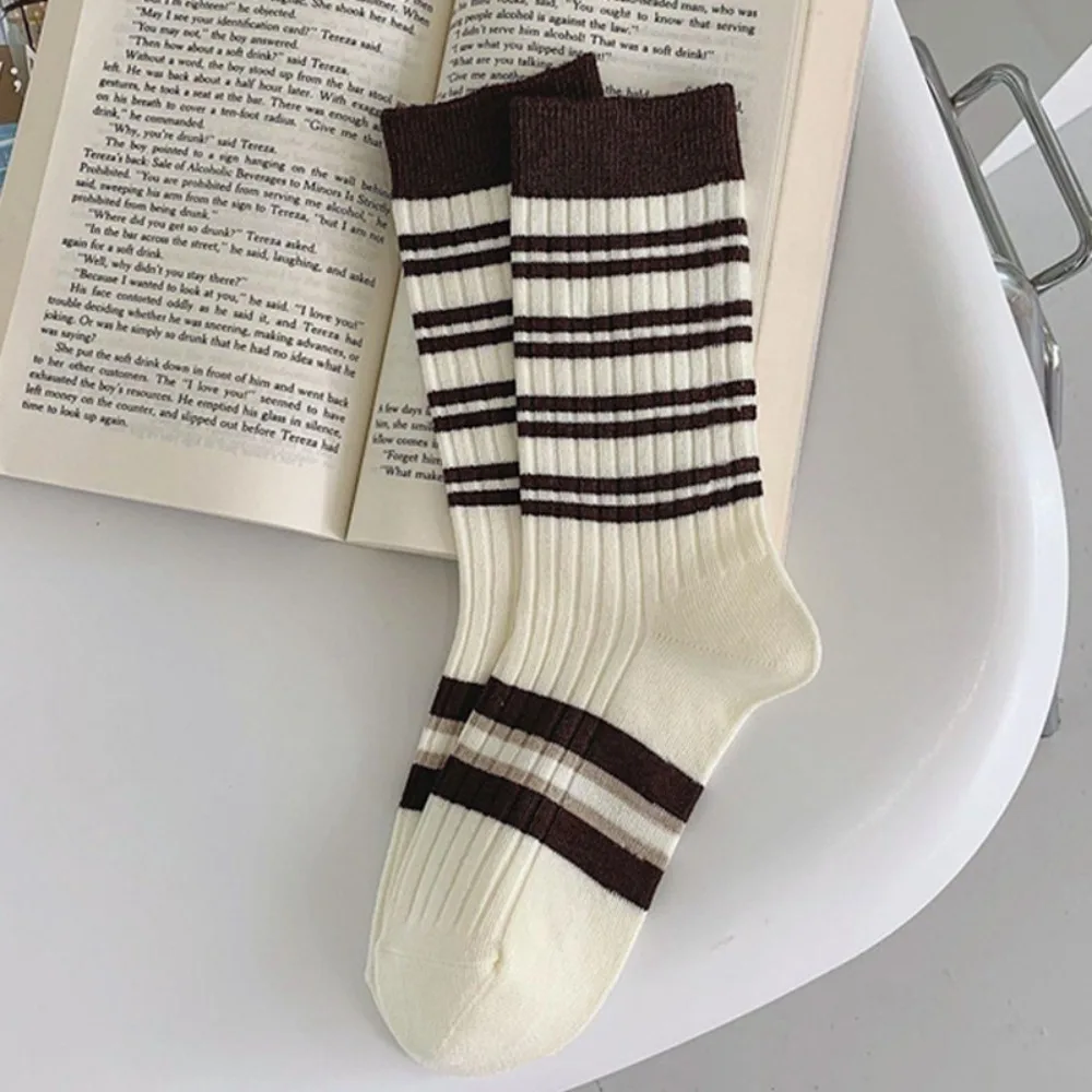 

Retro Cotton Stripe Socks Double-layer Thickened Middle Tube Socks Japanese Style Knitted Slouchy Socks For Women Girls