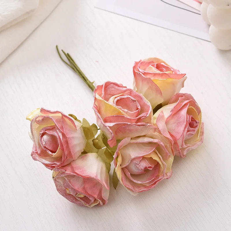 6pcs artificial flower 4cm silk bright pink rose bouquet for wedding home decoration DIY wreath gift box scrapbook fake flower