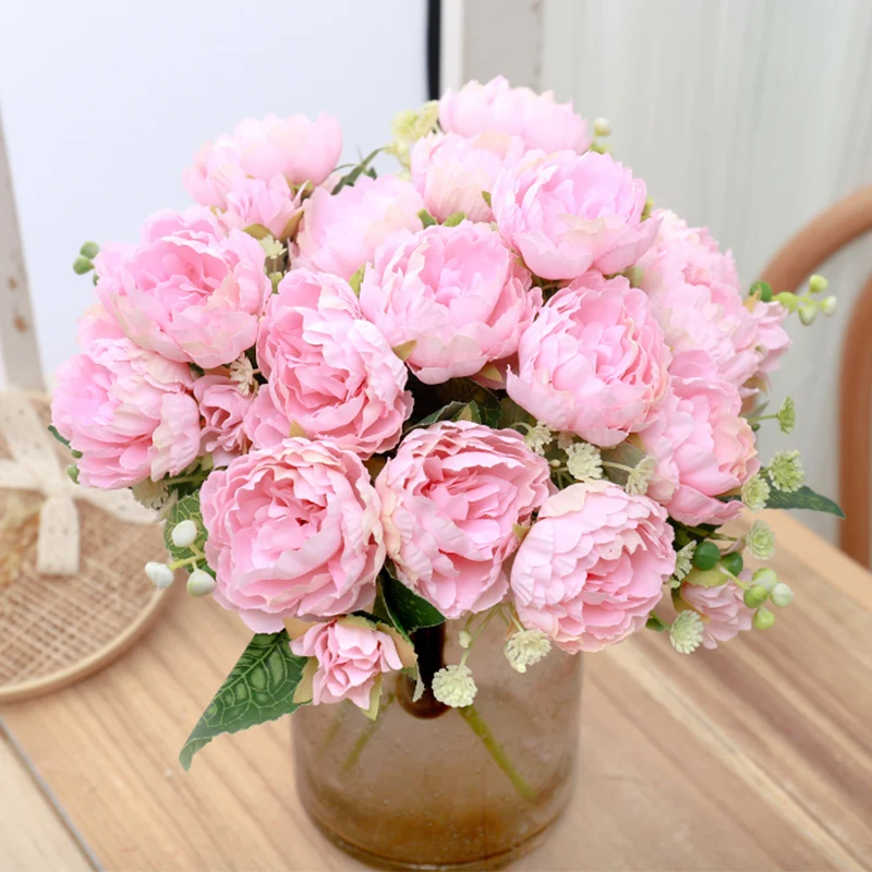 White Artificial Peony Flowers Pink Silk Bouquet for Wedding Home Decoration Bride Holding Fake Flower Indoor DIY Table Arrange