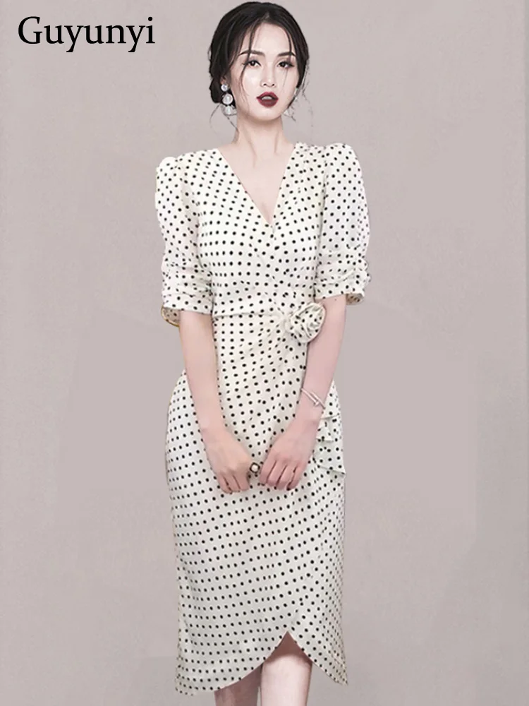 

Elegant Party Dress Summer V-Neck Half Puff Sleeves High Waist Line Bow Decoration Polka Dots Women Temperament Dress