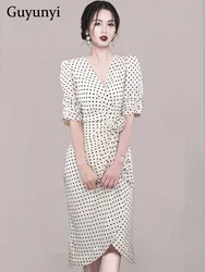 Elegant Party Dress Summer V-Neck Half Puff Sleeves High Waist Line Bow Decoration Polka Dots Women Temperament Dress