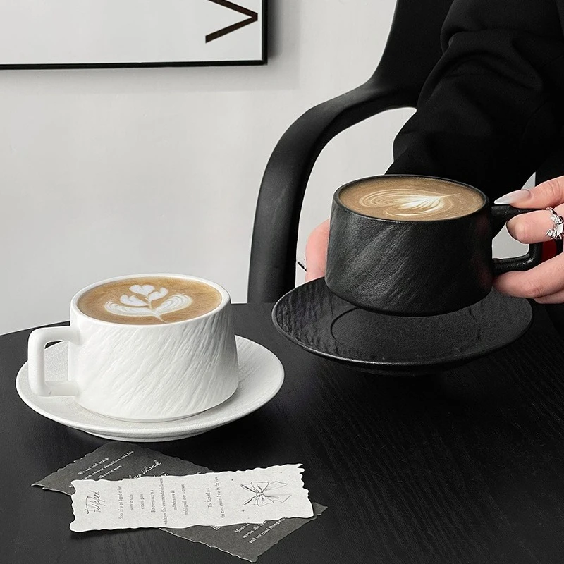 Retro-Kaffeetasse mit Steinmuster, Hochwertiges Gefühl, Schlichte Keramiktasse, Exquisite Latte-Blumentasse, Cappuccino-Mocha-Tasse mit Untertasse
