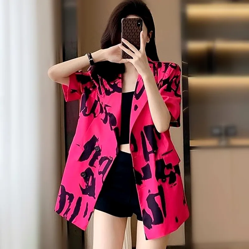 European Runway Letters Print Short Sleeve Summer Blazers Women Coats Woman Work Office Ladies Blazers Outwears Tops NZ91