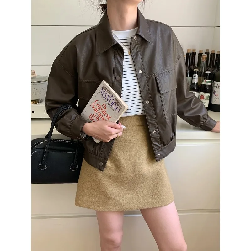 

2025 Old Design Sense Medieval Lapel Matte PU Leather Jacket Small Man