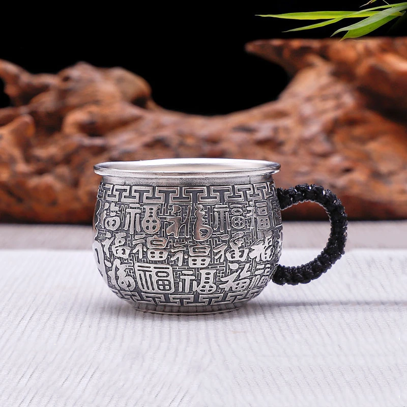 

Pure Silver 999 Kungfu Master Teacup for Office Tearoom Home Dragon Phoenix Good Luck Cups