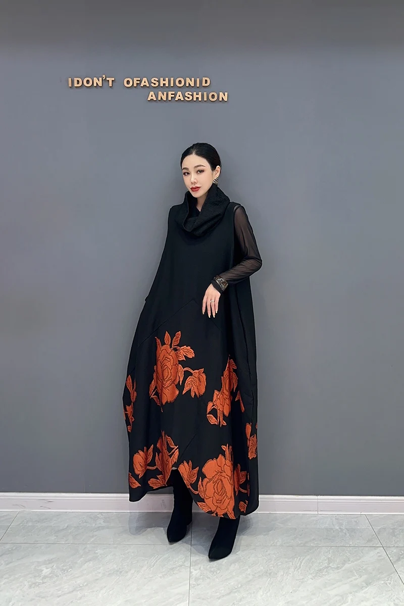 2024 Autumn Winter New Printed Elegant Loose Long Dress Women Fashion Sleeveless Dress Wholesale J543