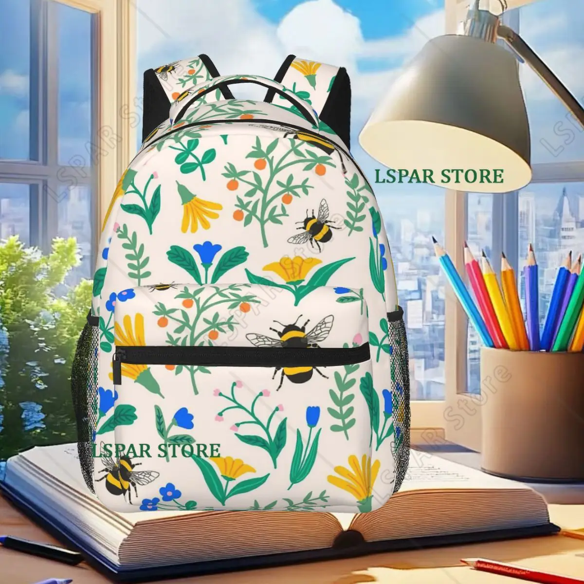 

Flowers And Bee Pattern Backpack Student Boys Girls BookBag Kids School Bag Laptop Shoulder Bags for Men Women