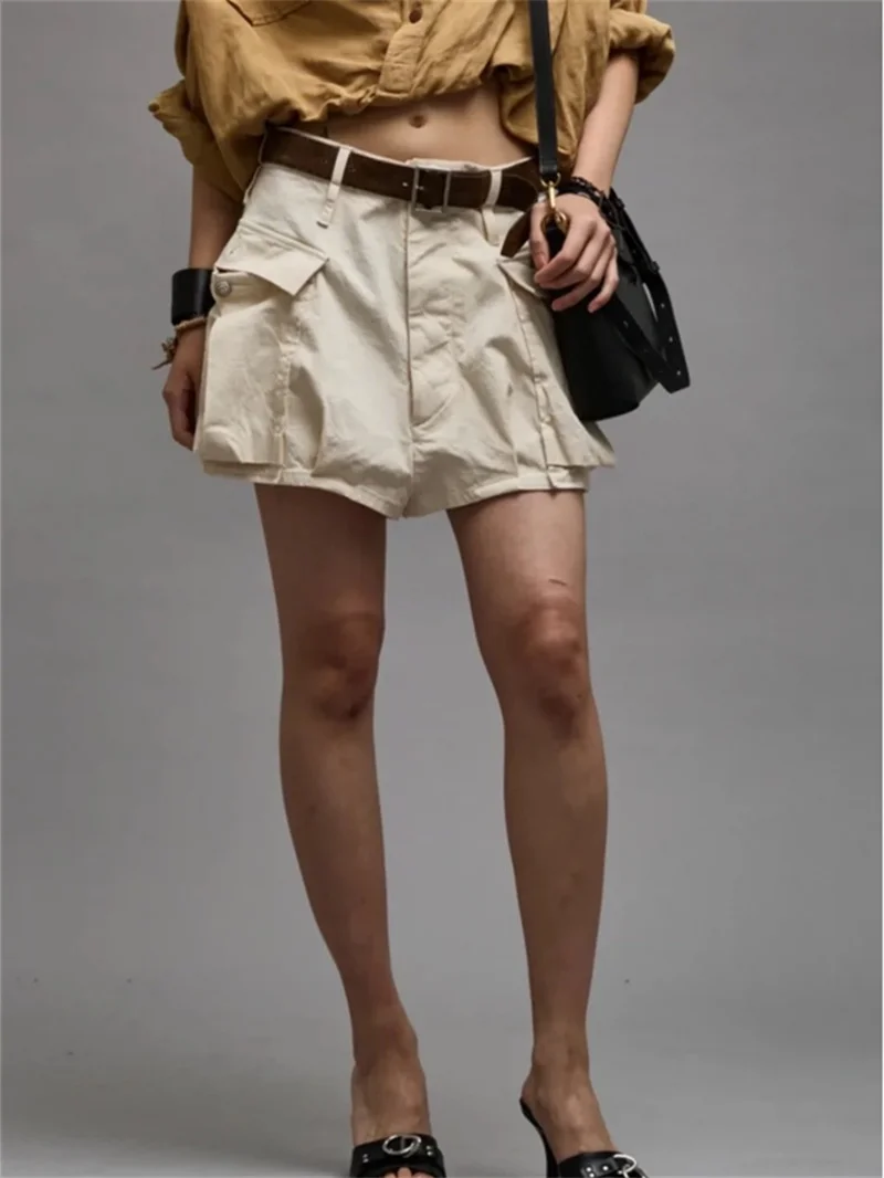 

Cotton Blend Ladies Large Pockets Loose Casual Shorts 2024 New Women's High-Waisted Beige Cargo Denim Shorts