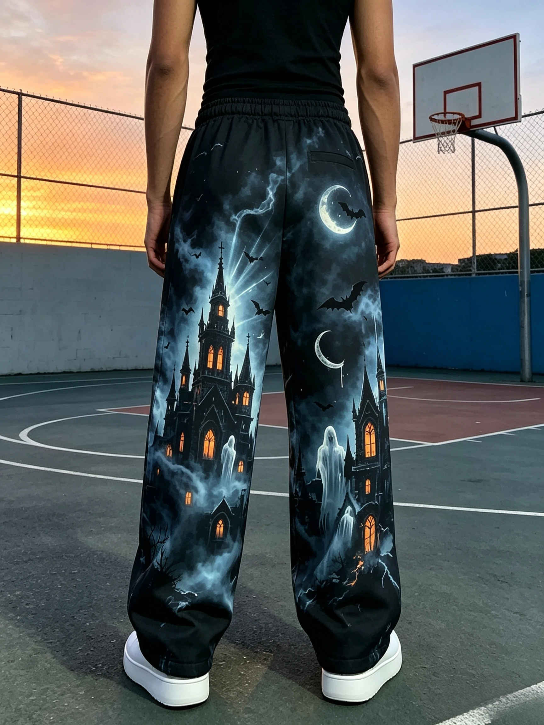 Halloween Dark Castle Ghost Bat Moon Printed Casual Pants Elastic Waist Wide Leg Straight Leg Pants Gothic Style Loose Pants