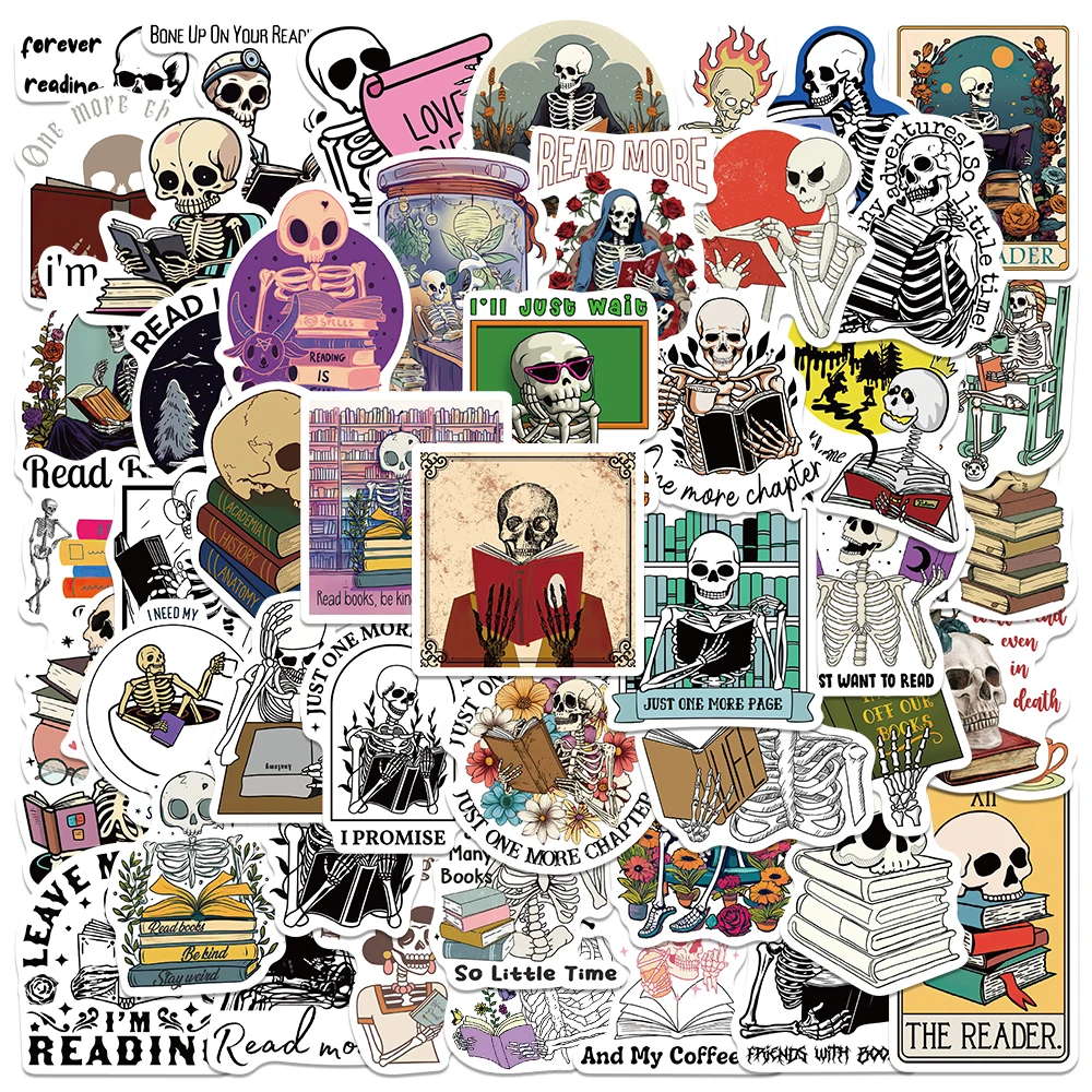 50pcs Skeleton Reading Stickers Funny Cartoon Graffiti Decals For Laptop Luggage Skateboard Phone Bottles Waterproof Sticker