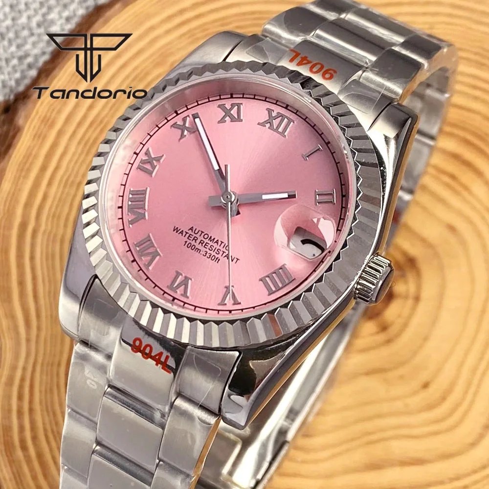 Tandorio NH35A Sapphire Automatic Steel Watch for Lady Men Pink Sunburst Dial Diamond Marks Luminous 36mm/39mm Wristwatch Date