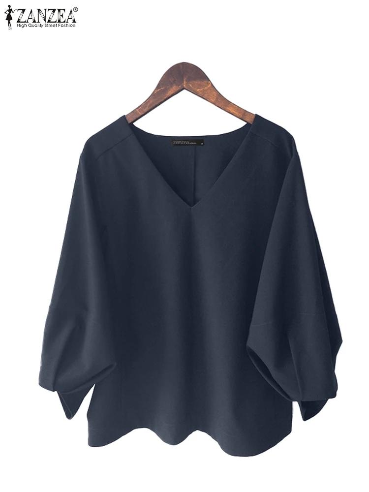 

ZANZEA Solid Blouse Women V Neck Autumn 3/4 Sleeve Tops 2025 Fashion Lantern Sleeve Elegant Tunic Casual Loose Pullovers