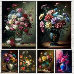 Europe Classical Vintage Flower Canvas Painting Wall Decor Still Life with Flowers in Glass Vase Nordic Art Poster Print Picture