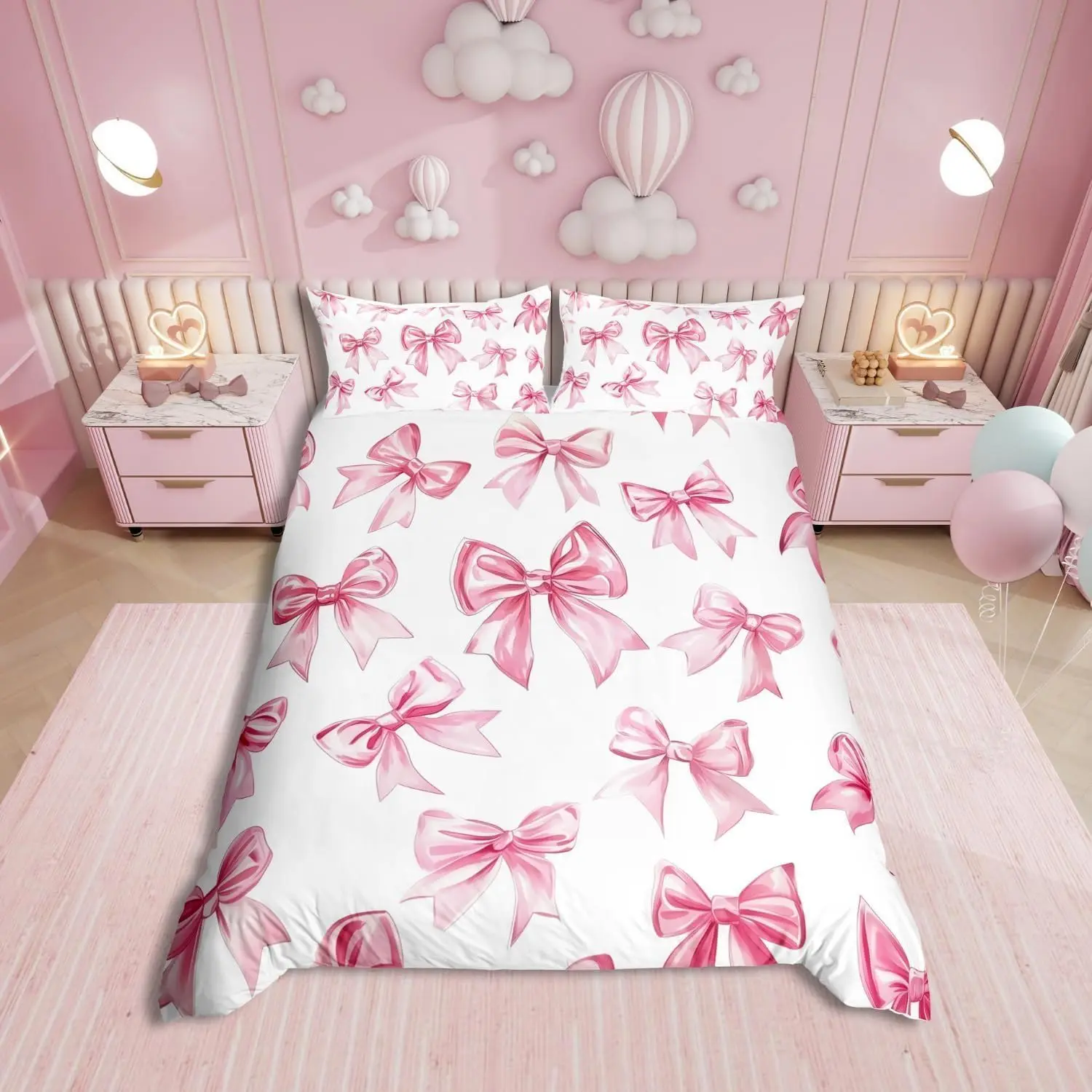 Pink Bow Duvet Cover Set Single Size With 1 Pillowcase Dreamy Princess Style Bedding Set For Kids Girls Teens