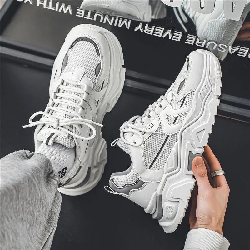 

Men's Breathable Sporty Casual Shoes 2025 New Style Mesh Upgraded Dad Shoes Thick Bottom Heightening White Low Cut Rubber Sole