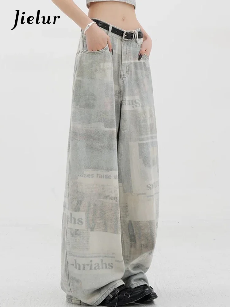 Classic High Waist Street Casual Straight American Women Jeans Summer Fashion Printed Contrast Color Loose Female Wide Leg Pants