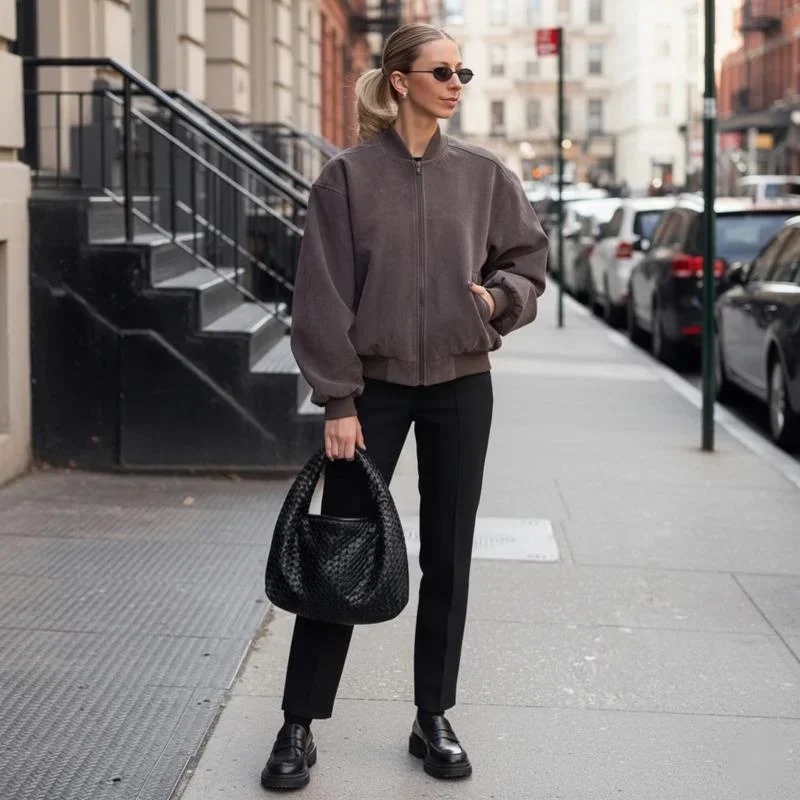 

Women's Vintage Suede Bomber Jacket With Stand Collar Long Sleeve And Zipper Closure Autumn Winter High Street Fashion Outerwear