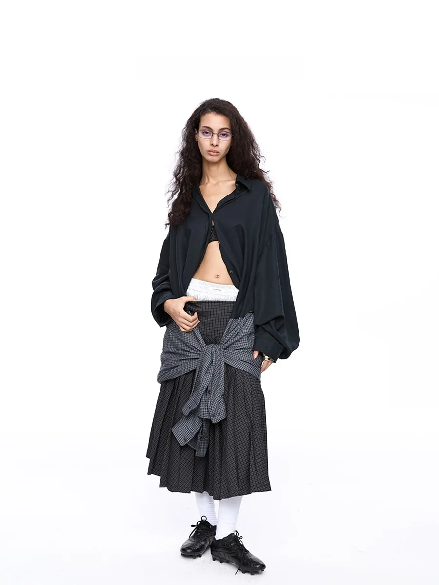 

LYUOCHENG Casual Plaid Mid-Length irt Double Collar Patchwork Button Women's Faion Loose Long Sve Classic Sle