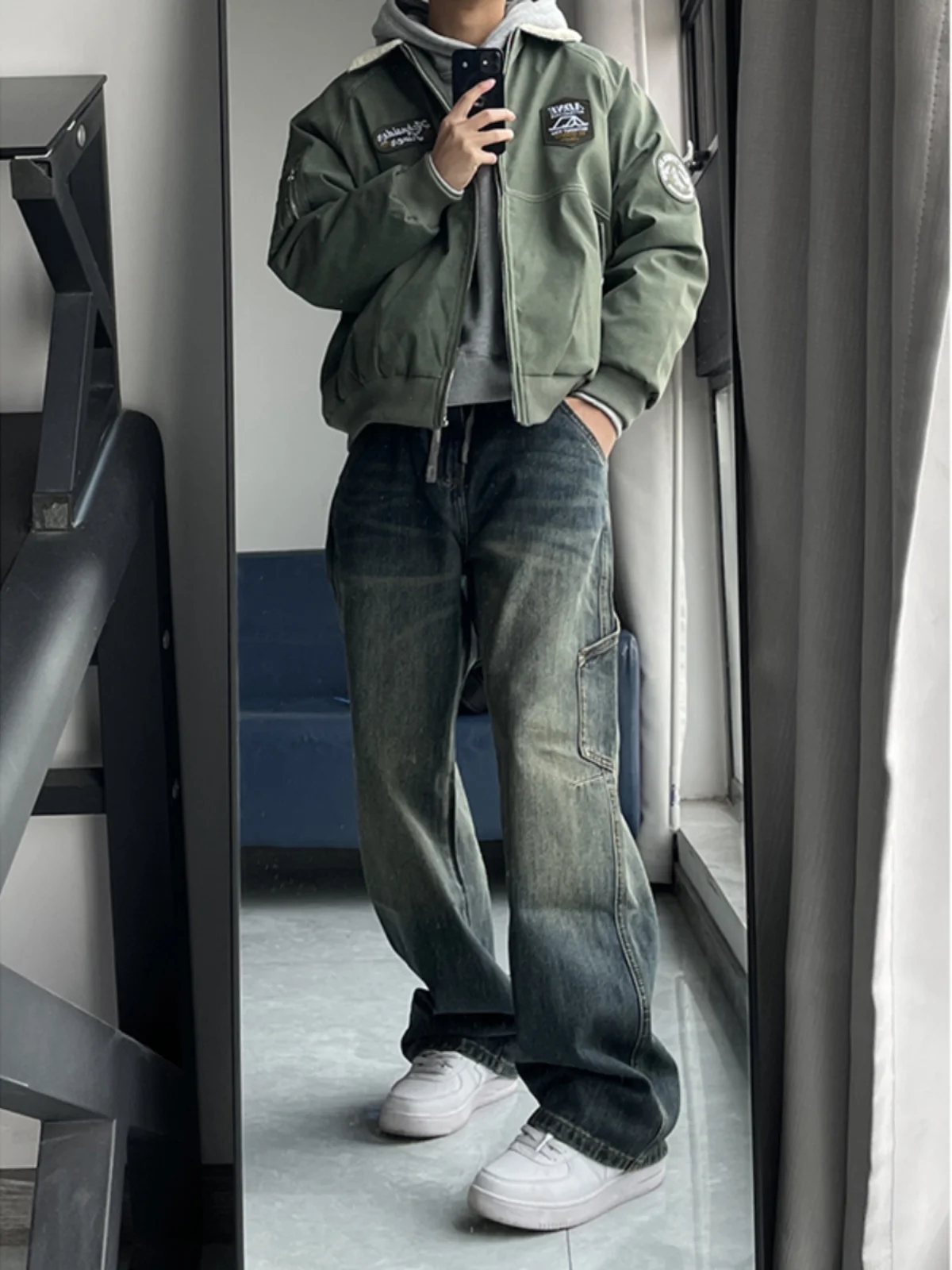 

Мужские джинсы American High Street Workwear: прямые повседневные брюки CleanFit, широкие штаны с нашивками, прочные джинсы