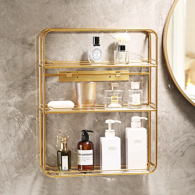 Multi-layer Wall Mounted Bathroom Shelf Free Punch Washstand Cosmetic Light Luxury Bathroom Gold Storage Shelf Accessories