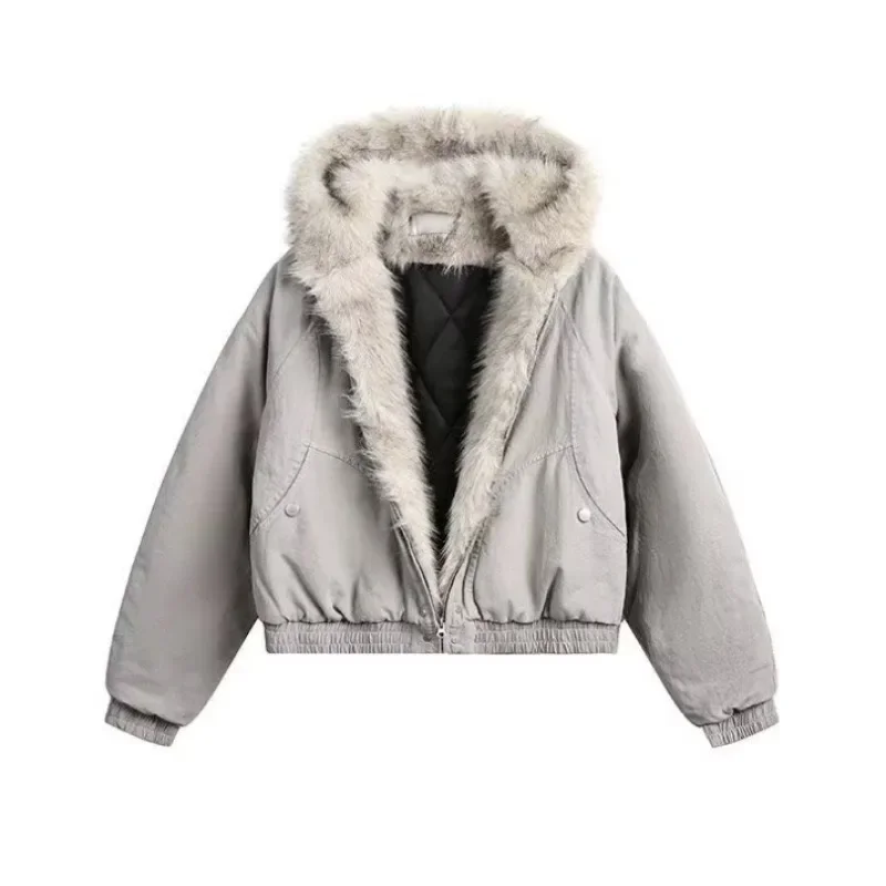New Hot-selling Warm Casual Cotton-padded Clothes Wool Collar Cotton Jackets Men's Women' Thickened Warm Hooded Loose Fur Coat