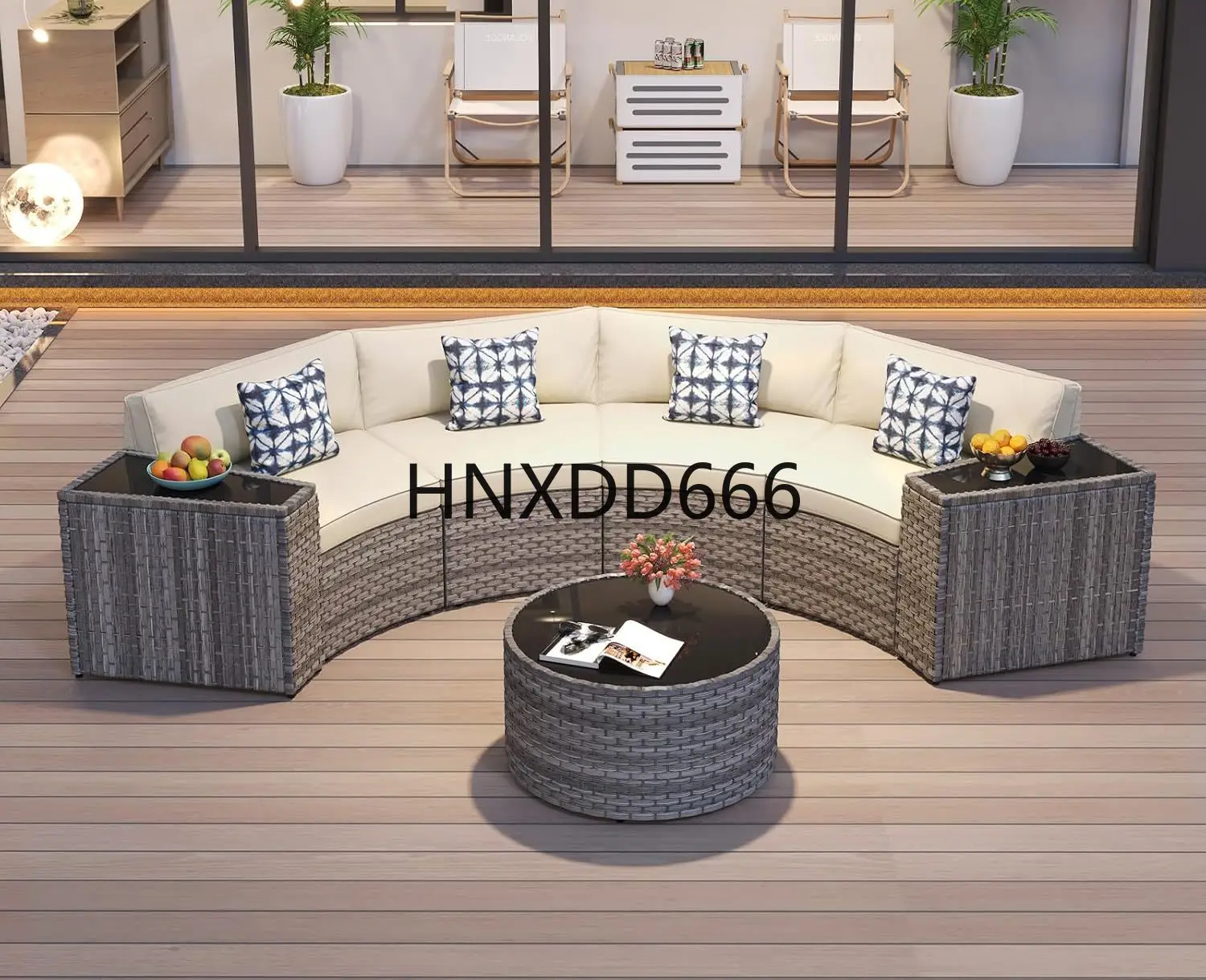 

Outdoor Patio Half-Moon Furniture , Sectional Round Set, Curved Conversation Set, Curved Sofa with Tempered Glass Coffee Table