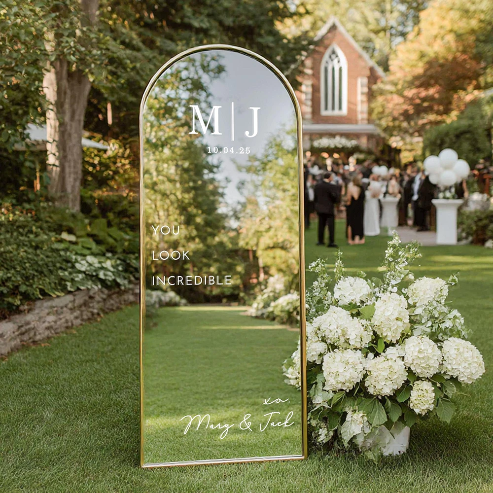 Personalised Wedding Mirror Decal Custom Welcome Sign Vinyl Sticker Initials Names & Date Elegant