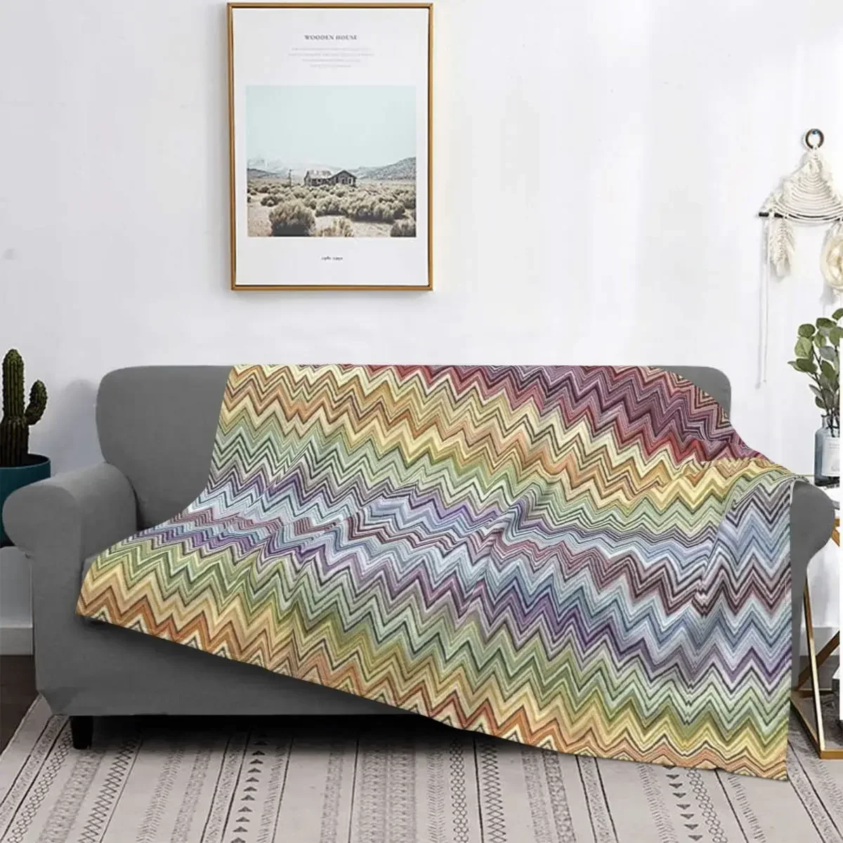 Boho Chic Modern Zigzag Blanket Breathable Soft Warm Flannel Autumn Geometric Multicolor Throw Blanket for Couch Outdoor Bedding