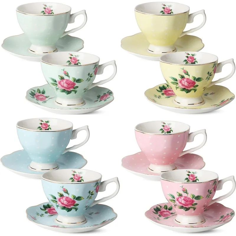 

Floral Tea Cups and Saucers, Set of 8 (8 oz), Multi-Color with Gold Trim and Gift Box, Coffee Cups, Floral Tea Cup Set