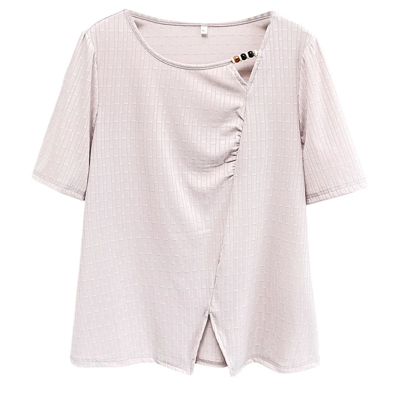 

Женский топ больших размеров 100 кг, летняя новая дизайнерская повседневная футболка с вырезом из бисера и пышными рукавами 1037