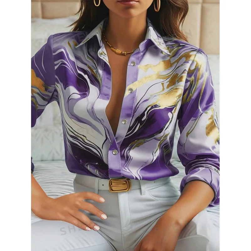 Elegant Blue Shirt Woman Turn Down Collar Long Sleeve Button Blouse Women Elegant Vintage Printed Shirts 2024