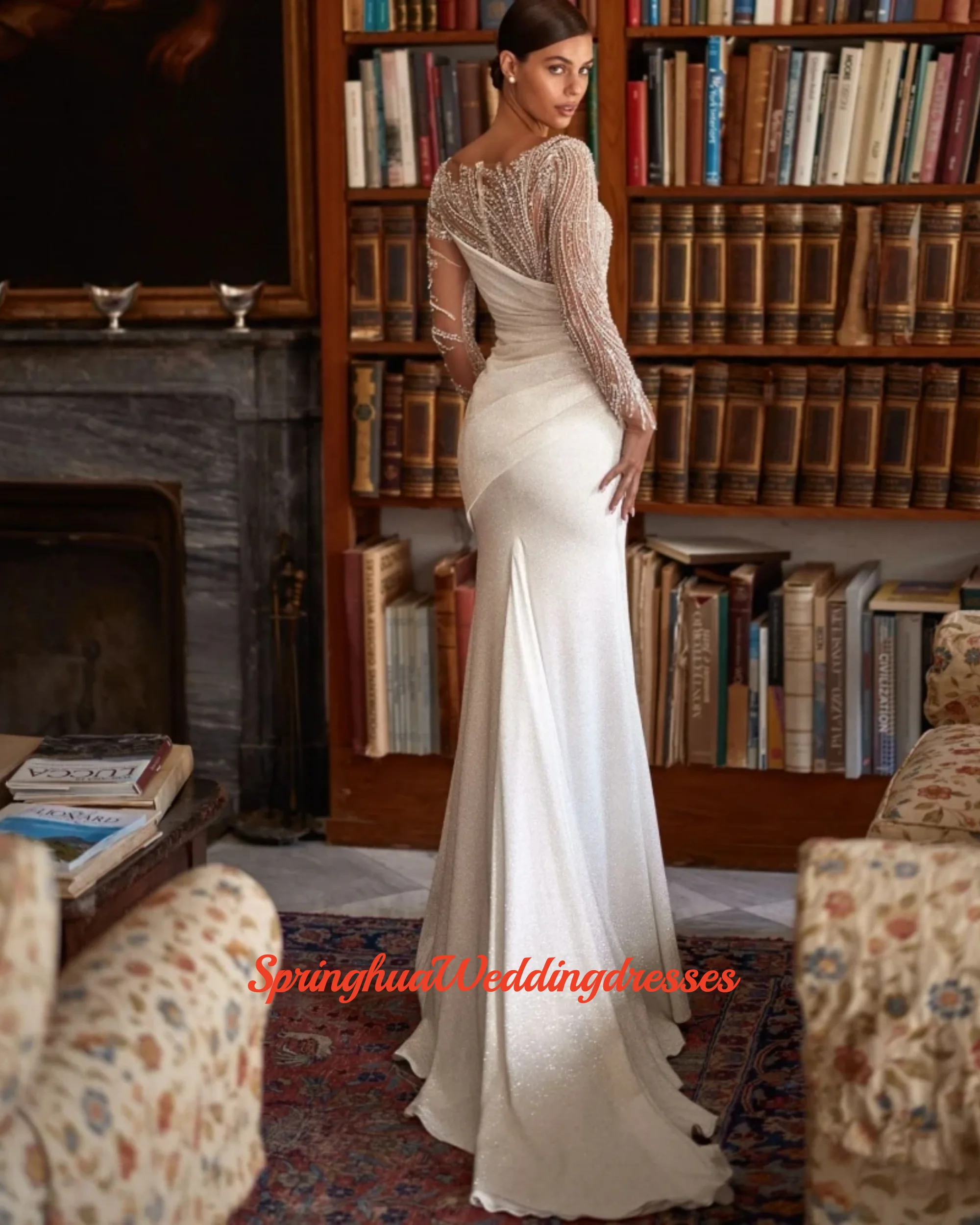 Customzied Boat Neck Long Sleeve Wedding Dress Hand-sewn Sequins Pearls Bride Robe Glitter Mermaid Bridal Gown Vestidos De Novia