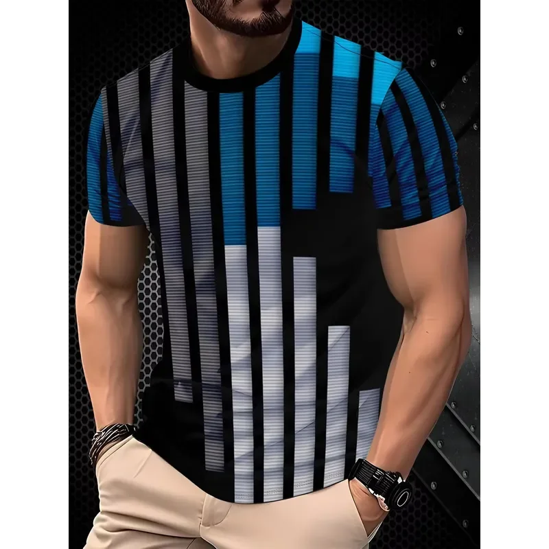 3D Digital Print Men T Shirt 2026 Black Cyan Gray Vertical Stripe Bar Abstract O Neck Short Sleeve Casual Top Fashion Tee