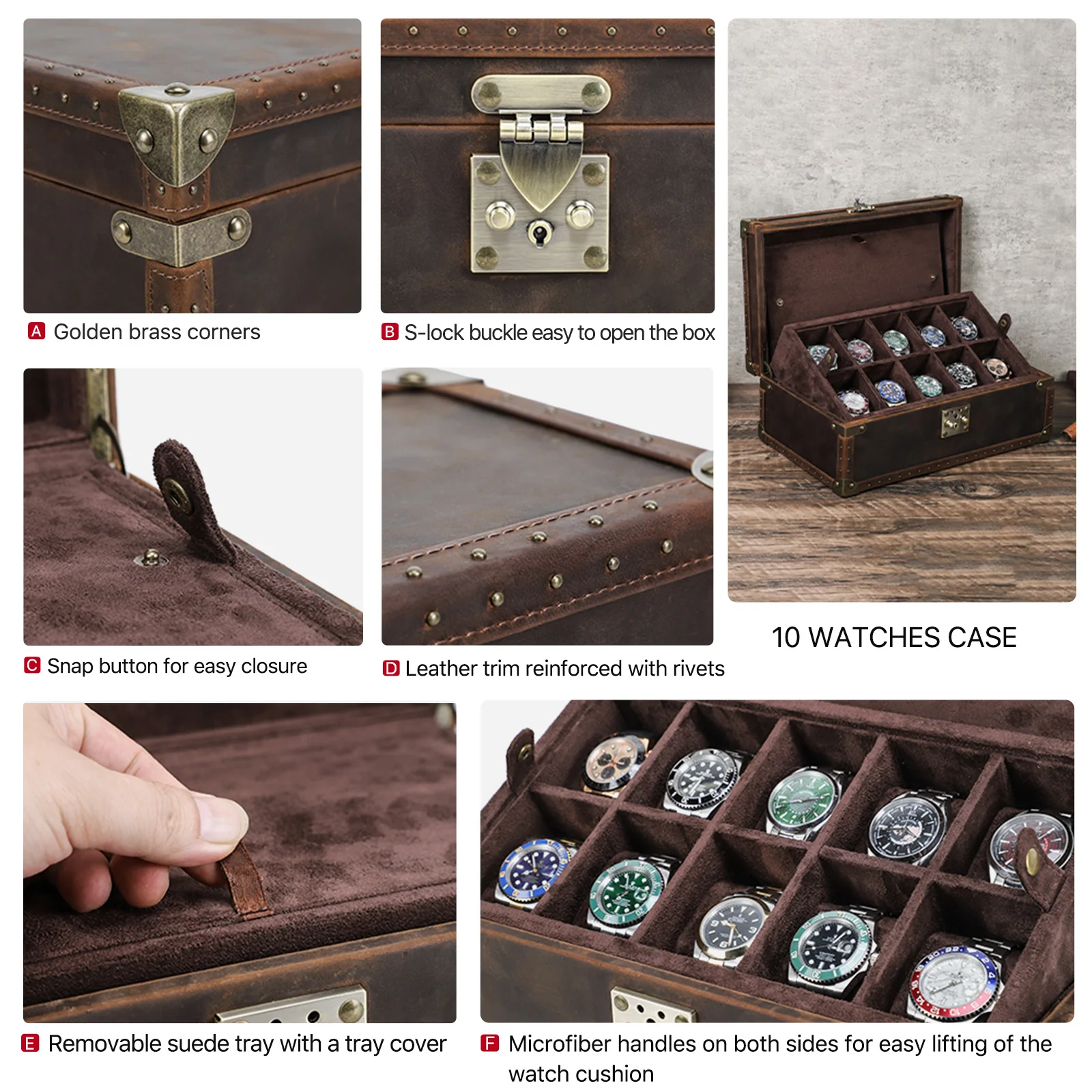 Genuine Leather 6/8/10 Slots Grids Watch Storage Case Portable Vintage Display Watch Organizer Boxes Luxury Men Best Gift Box