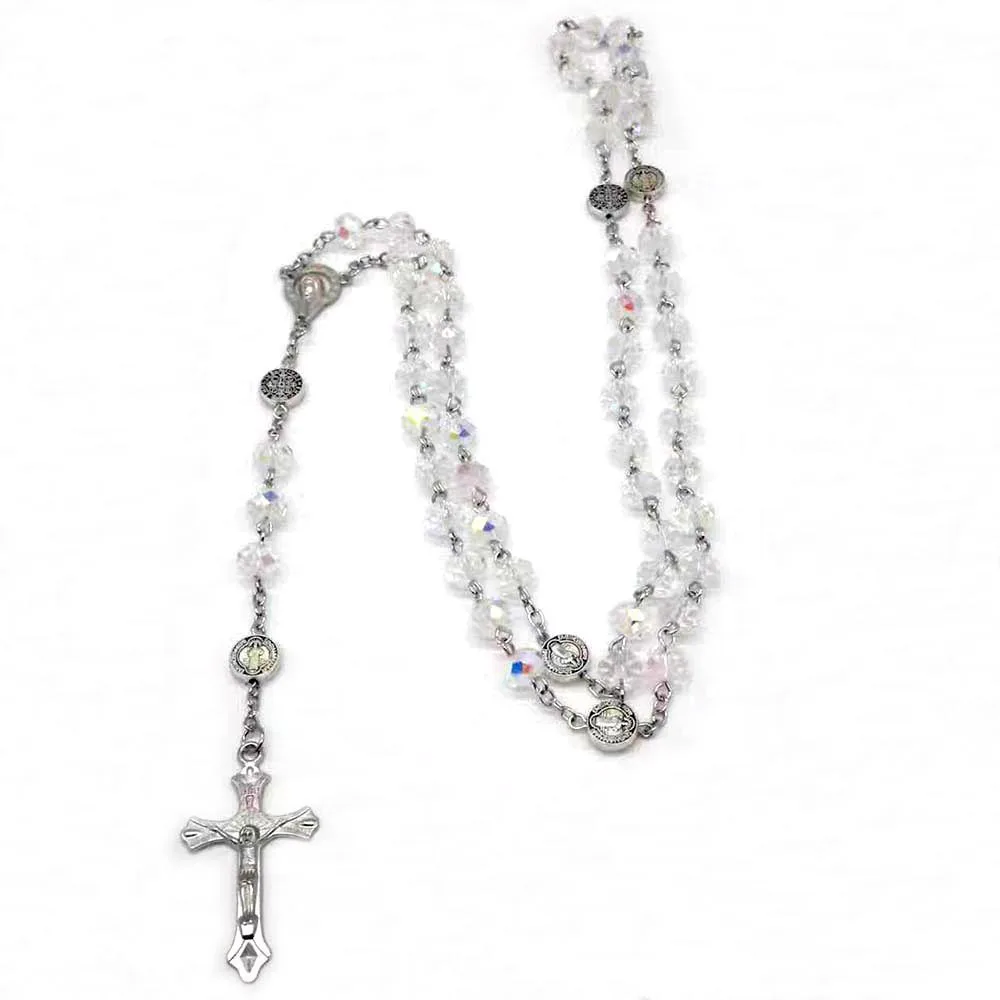 Hot selling pink crystal cross prayer bead pendant necklace transparent rainbow crystal necklace accessory for UNISEX