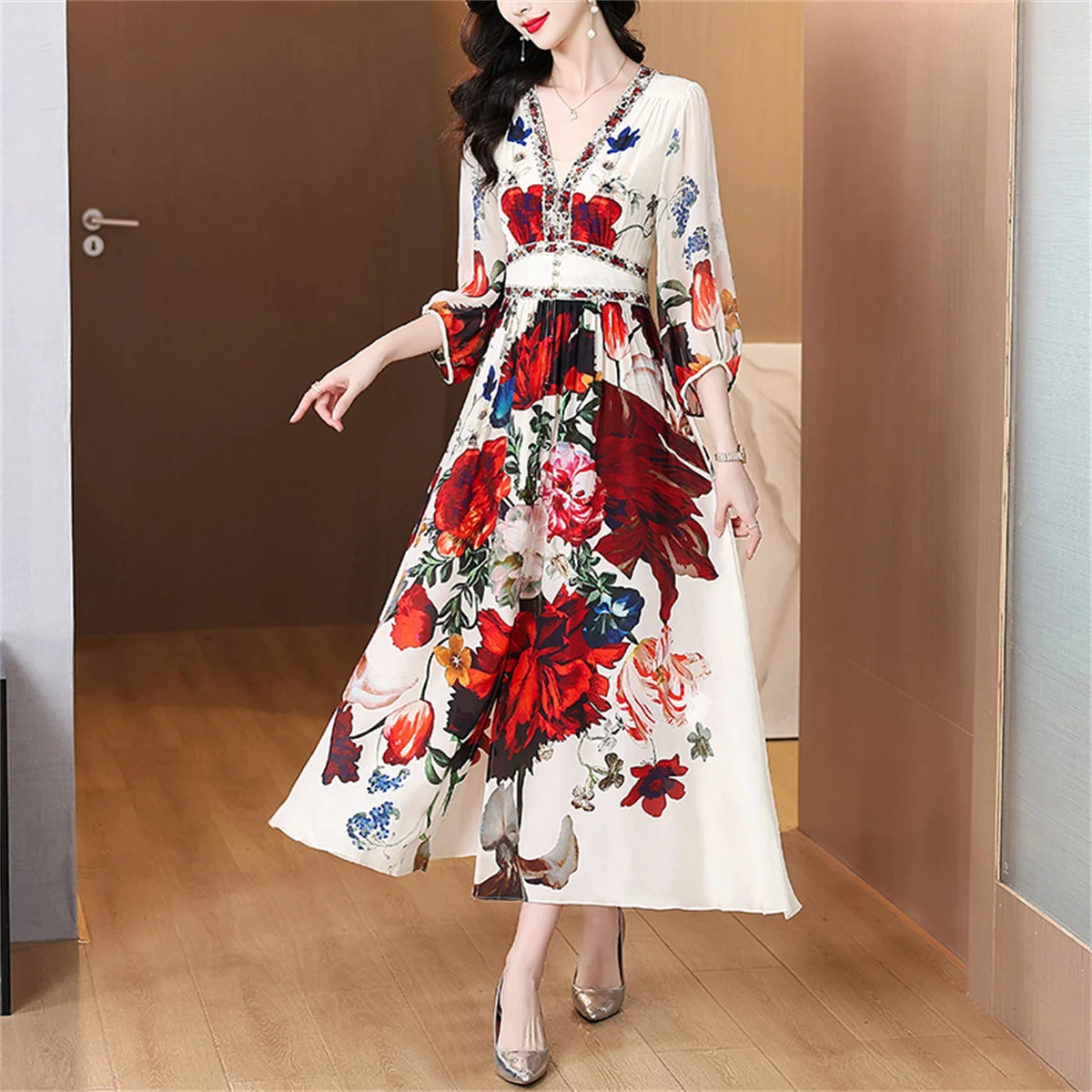 

Elegant Floral Gorgeous Silk Dresses Women's V Neck Lantern Sleeve Single Breasted Floral Print Slim Waist Long Dress