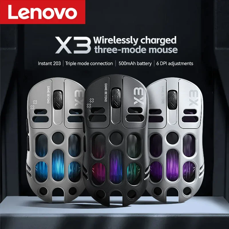 Lenovo 3-Mode Wireless Gaming Mouse 8000DPI Adjustable RGB Hollow Ergonomic Mouse Rechargeable Low Latency for PC Gamer Office