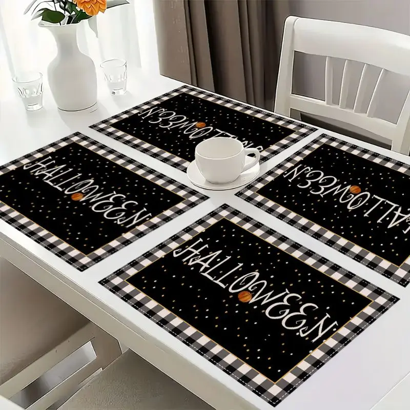 VIKAMA Halloween Ghost Meal Mat Set, Grid Printed Table Flag, Thrilling Holiday Party Home Desktop Decoration