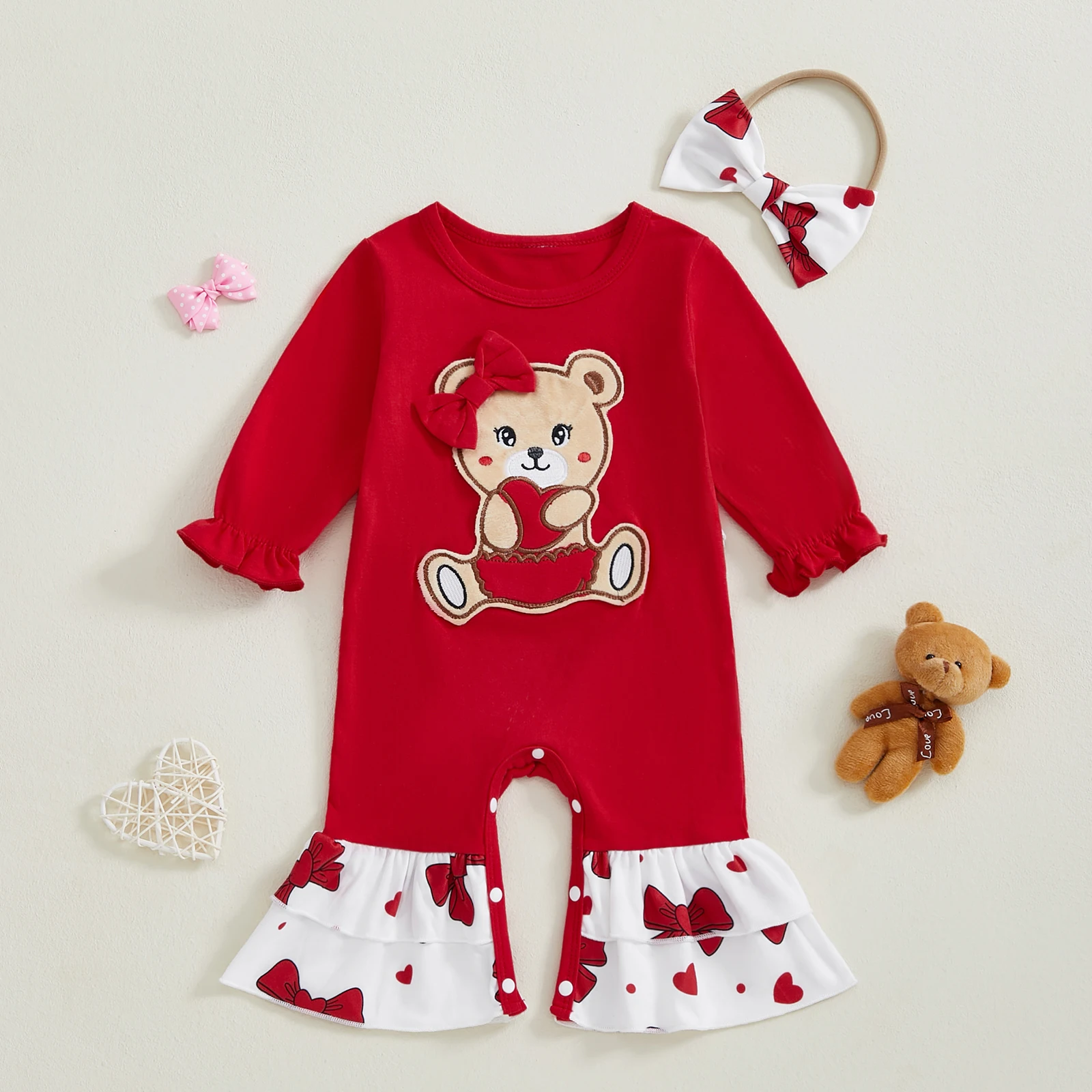 BeQeuewll Valentine’s Day Newborn Romper for Baby Girls Clothes Long Sleeve Bear Embroidery Ruffle Jumpsuit with Headband Set